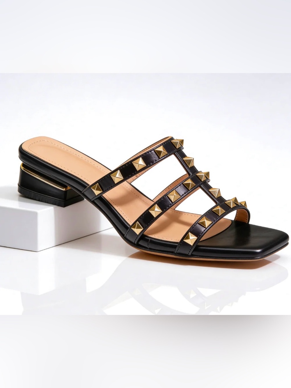 Black Studded Leather Slide Mule with Low Block Heel